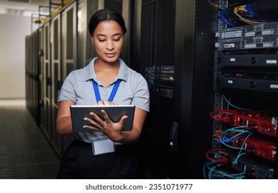 Woman, tablet and server room in inspection, programming and coding with system solution and cybersecurity. Engineering person on digital tech, hardware maintenance or business network in data center - Shutterstock ID 2351071977