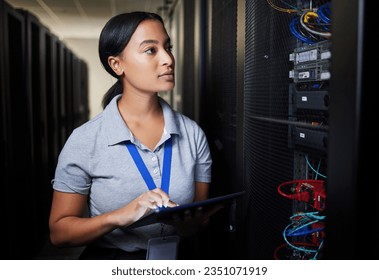 Woman, tablet and thinking in server room, programming solution or coding ideas for cybersecurity or data center backup. Engineering person on digital software, hardware inspection and basement check - Powered by Shutterstock