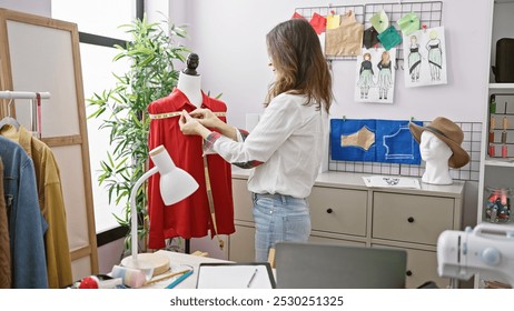 A woman tailor measuring a red dress on a mannequin in a bright workshop full of sewing items. - Powered by Shutterstock