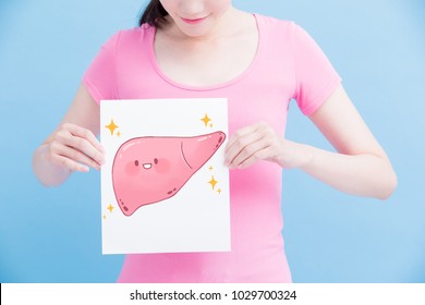 Woman Take Health Liver Billboard On The Blue Background