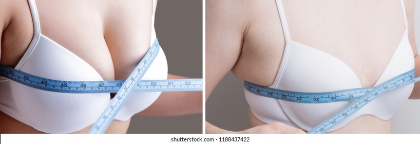 woman take measurement with different chest cup before and after on the gray background