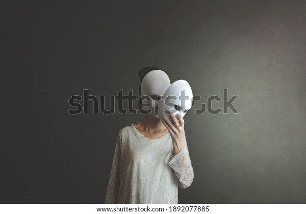 woman\
takes off the mask from her face but underneath her she has another\
mask, concept of hiding one\'s soul and\
oneself
