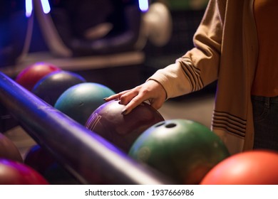  Woman Taking Bowling Ball. Close Up.