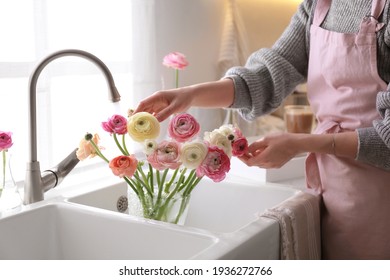 Woman Taking Care Of Cut Fresh Ranunculus Flowers In Kitchen, Closeup