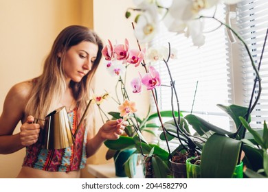 Woman Taking Care Of Orchids Blooming On Window Sill. Girl Gardener Watering Home Plants And Flowers With Watering Can Enjoying Hobby.