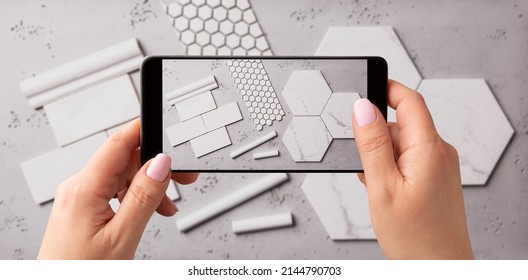 Woman Taking Photo Of Ceramic Tiles With Smartphone. Interior Designer Capturing Home Renovation Materials For Client Or Social Media.