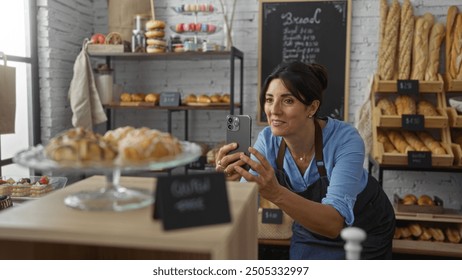 Woman taking photo with smartphone in cozy bakery with shelves full of various breads and pastries - Powered by Shutterstock