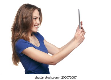 Woman Taking Photo With Tablet PC, Isolated On White Background