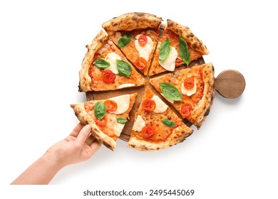 Woman taking piece of tasty pizza Margarita on white background - Powered by Shutterstock