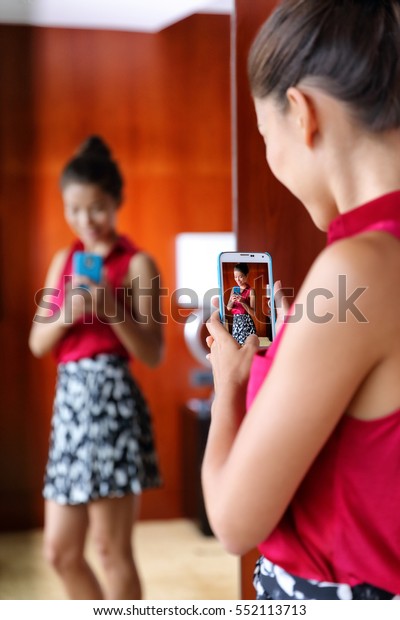 Woman Taking Selfies Mirror Changing Room Royalty Free