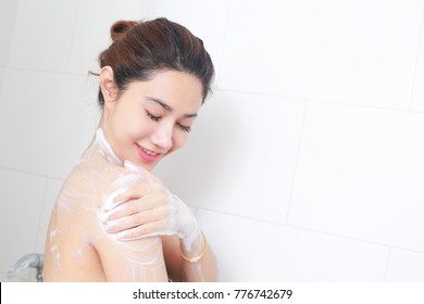 Woman Taking A Shower Enjoying With Foam Bath.