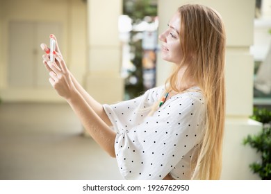 Woman Taking Smartphone Photography, White Woman Taking Mobile Or Smartphone Photo, Snapshot, Smart Phone Video Recording