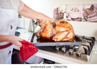 Woman taking turkey out of oven on a kitchen background. Roasted, traditional turkey cooking. Christmas turkey. - Powered by Shutterstock