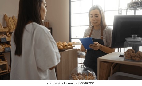 Woman talking to baker in indoor bakery shop using a digital tablet while discussing bread and pastries showcasing a modern customer service interaction - Powered by Shutterstock