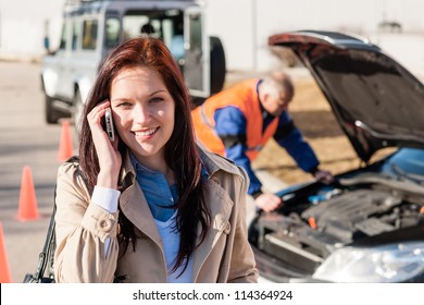 Woman Talking On Cellphone After Car Breakdown Trouble Problem Mechanic