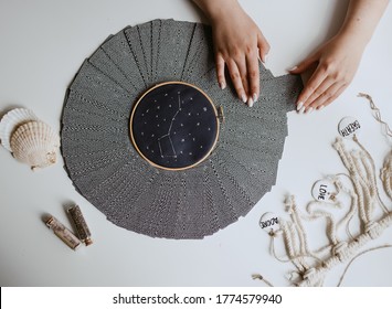 Woman With Tarot Cards Circle On The Table