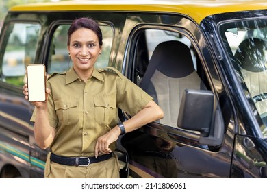 Woman Taxi Driver Showing Mobile Phone Screen
