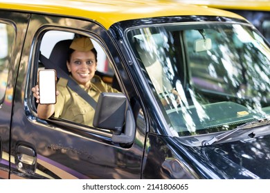 Woman Taxi Driver Showing Mobile Phone Screen
