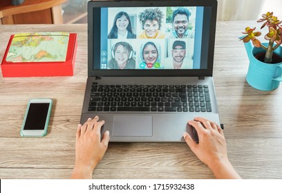 Woman Teacher Having A Video Call With Multiracial Students During Isolation Quarantine - Group Of People Chatting Online - Technology And Friendship Concept - Focus On Hands