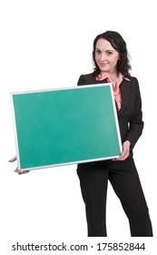 Woman teacher holding a blank chalkboard or blackboard