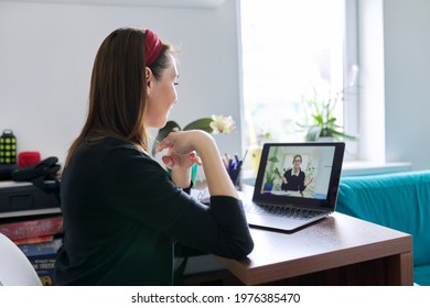 Woman Teacher Teaching Student Teenager Online Using Video Call On Laptop