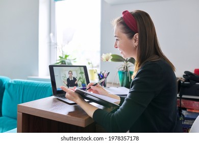 Woman Teacher Teaching Student Teenager Online Using Video Call On Laptop