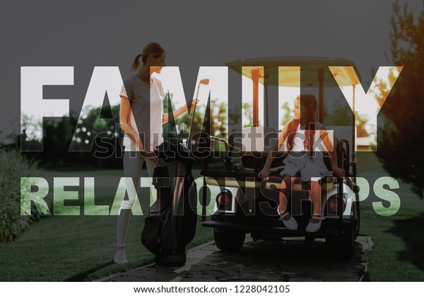 Woman Teaches Kid Play Golf. Sports Equipment,\
Bag of Golf Bats. People Have Luxury Recreation. Family is Golfing.\
People Enjoy Elite Sports. Family Relationships. Transparent Text\
Effect.