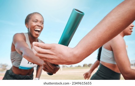 Woman, team and running with baton in relay, marathon or sports fitness on stadium track together. Group of athletes holding bar in competitive race, sprint or teamwork for cardio training or workout - Powered by Shutterstock