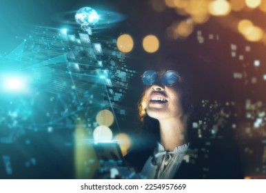 Woman, tech overlay and cellphone in office for finance research, data analytics or coding in night. Cybersecurity expert, focus and happy in dark workplace with 3d hologram abstract for programming - Powered by Shutterstock