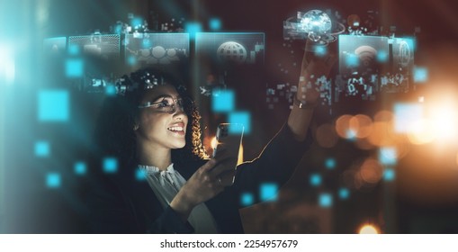 Woman, tech overlay and phone in night at office for finance research, data analytics or digital job. Cybersecurity expert, fintech or focus in dark workplace with 3d hologram abstract with happiness - Shutterstock ID 2254957679
