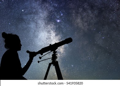 Woman With Telescope Watching The Stars. Stargazing Woman And Night Sky.