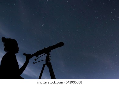 Woman With Telescope Watching The Stars. Stargazing Woman And Night Sky.