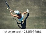 Woman, tennis court and racket in game, sport and above with balance, power and contest at global event. Person, athlete and workout with ball for challenge, competition and start on pitch in England