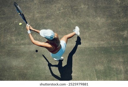 Woman, tennis court and racket in game, sport and above with balance, power and contest at global event. Person, athlete and workout with ball for challenge, competition and start on pitch in England - Powered by Shutterstock