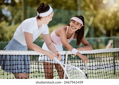 Woman, tennis and friends with smile in sports, conversation or discussion on the court outdoors. Female in sport fitness relaxing together talking after match, game or workout on the tennis court - Powered by Shutterstock