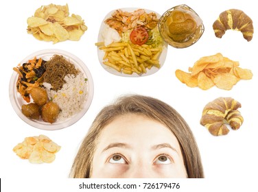 Woman Thinking About Fast Food Isolated On White    