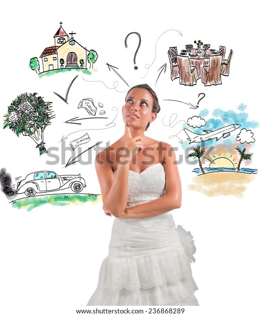 Woman thinks how to\
organize her wedding