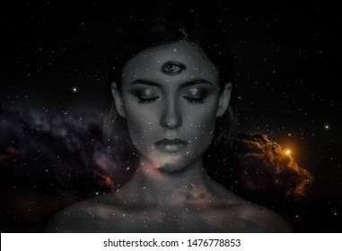 Woman with third eye on head - supernatural sense concept.