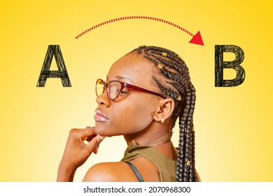 Woman thought about solving problem. Concept - she found solution to problem. Girl knows how to solve some problem. Dark-skinned girl in a pensive pose. Arrow from point A to B on yellow background