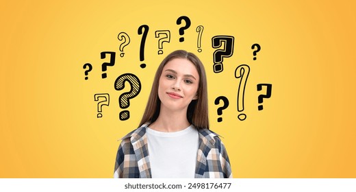 Woman with a thoughtful expression, surrounded by question marks on a yellow background. Concept of confusion or curiosity - Powered by Shutterstock