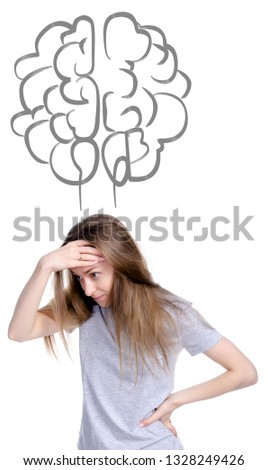 Woman thoughts thinking brain on white background isolation
