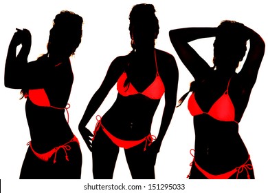 A woman in three positions in a bikini silhouette