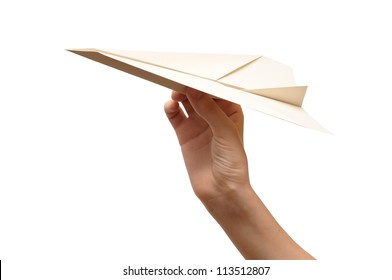 Woman Throwing White Paper Plane. Isolated On White Background