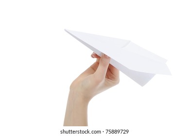 Woman Throwing White Paper Plane. Isolated On White Background