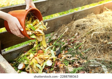 A woman throws kitchen waste, vegetable and fruit peels from a bucket into a composter. Close-up of a woman's hand with a bucket, recycling kitchen waste in a composter in the backyard. Copy space. - Powered by Shutterstock