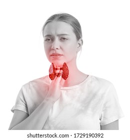 Woman With Thyroid Gland Problem On White Background