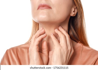 Woman With Thyroid Gland Problem On White Background