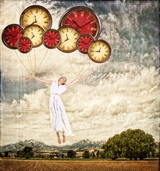 Woman Tied To Clocks Floating Away On An Antique Or Grunge Background, Time Concept