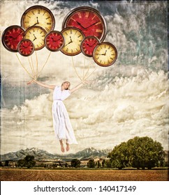 Woman Tied To Clocks Floating Away On An Antique Or Grunge Background, Time Concept