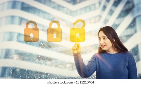 Woman touch a digital screen interface with choosing the right padlock from other options. Unlocking fingerprint scanning, future security password cyber attack information protection.